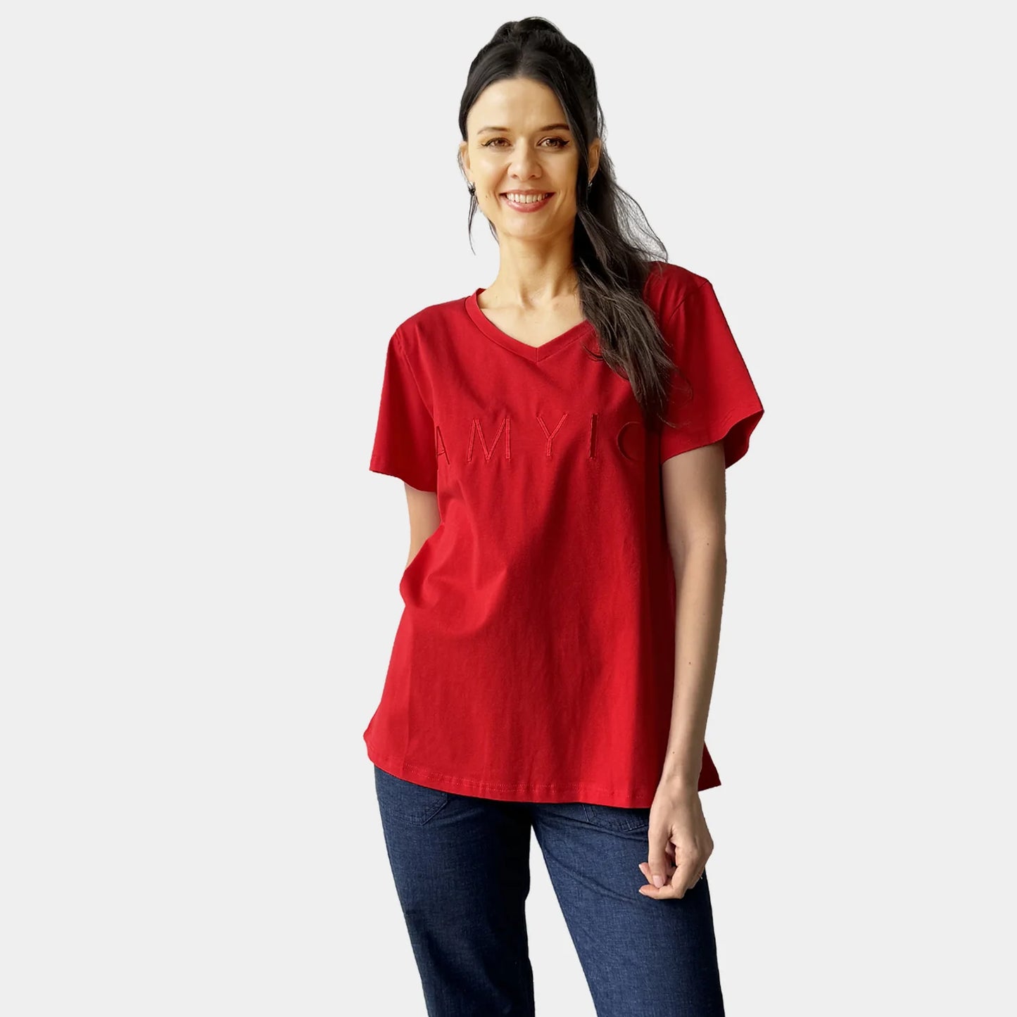 RED AMYIC V-NECK TEE