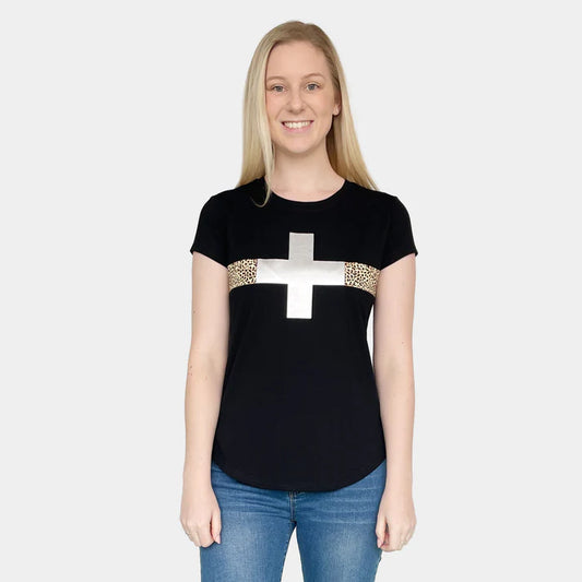 LEOPARD CROSS TEE BLACK